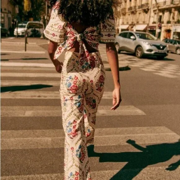 NWT Sezane X Farm Rio Tiago Crop Linen Blend Pant Romantic Garden 42/US Size 10 - Picture 3 of 16